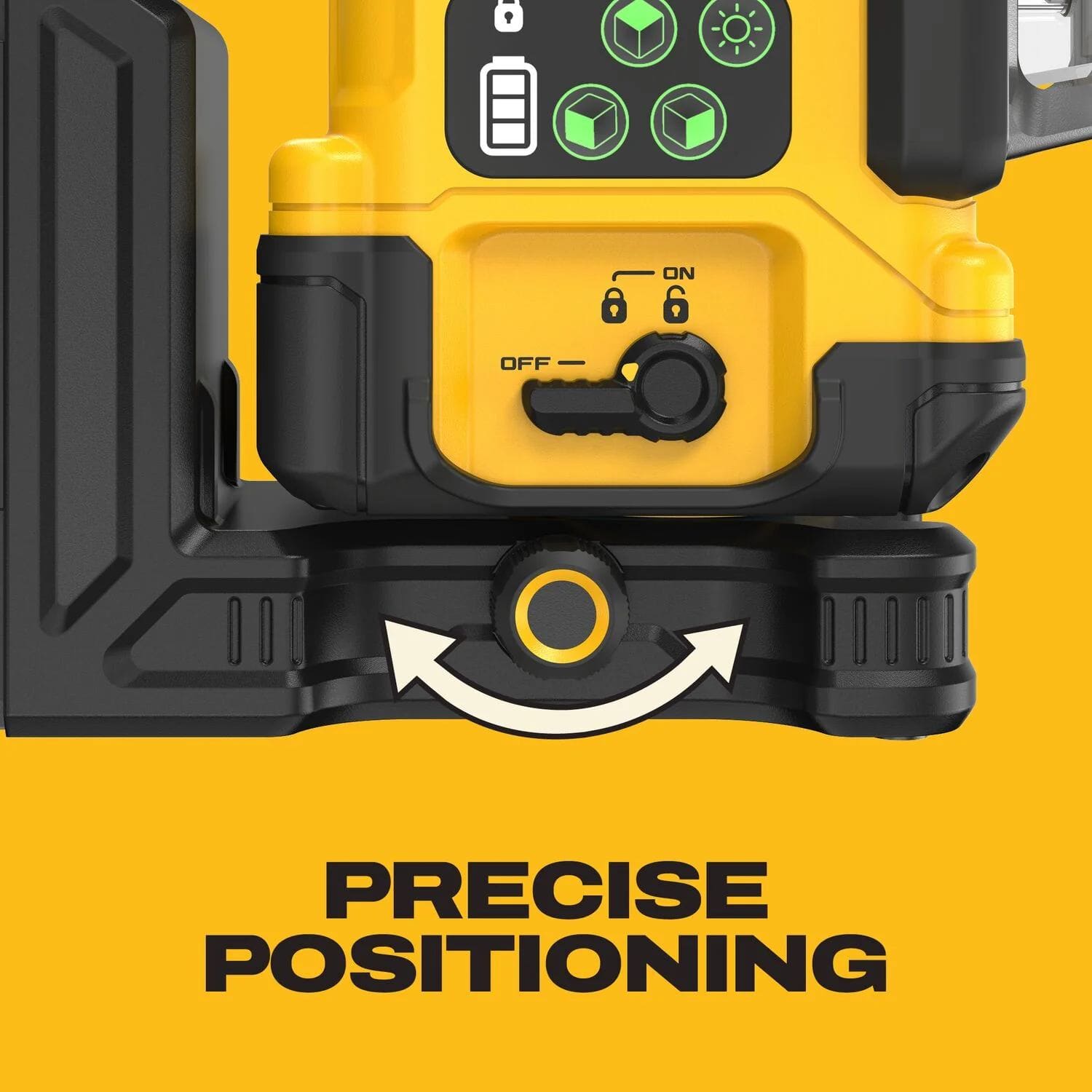 Close-up view of the DEWALT DCLE14361GB fine adjustment knob, demonstrating the precise positioning and control for micro-adjusting vertical laser lines.