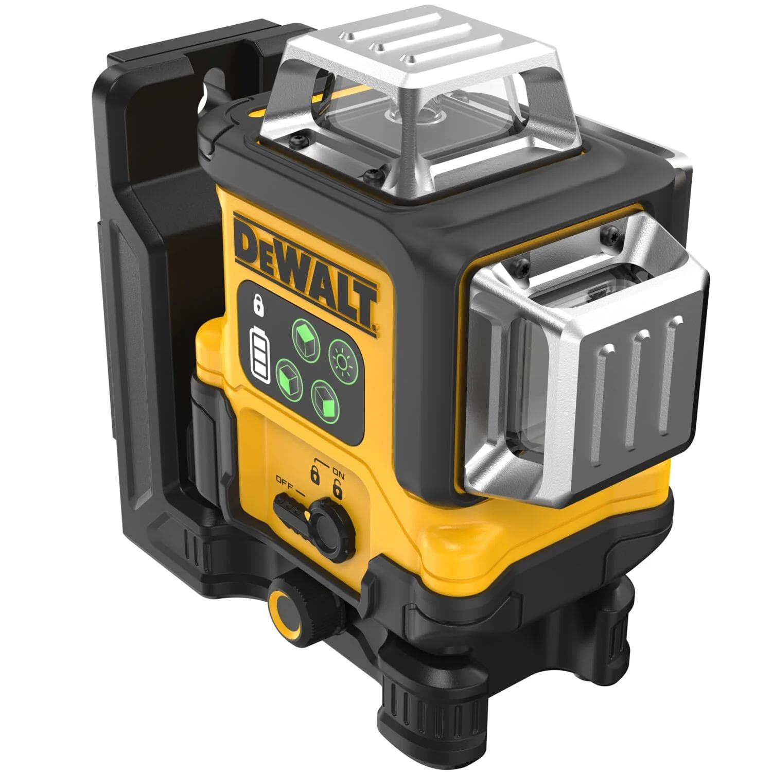 High-angle view of the DEWALT rechargeable green line laser highlighting the top-mounted 360-degree laser window and the durable overmolded construction designed for jobsite protection.