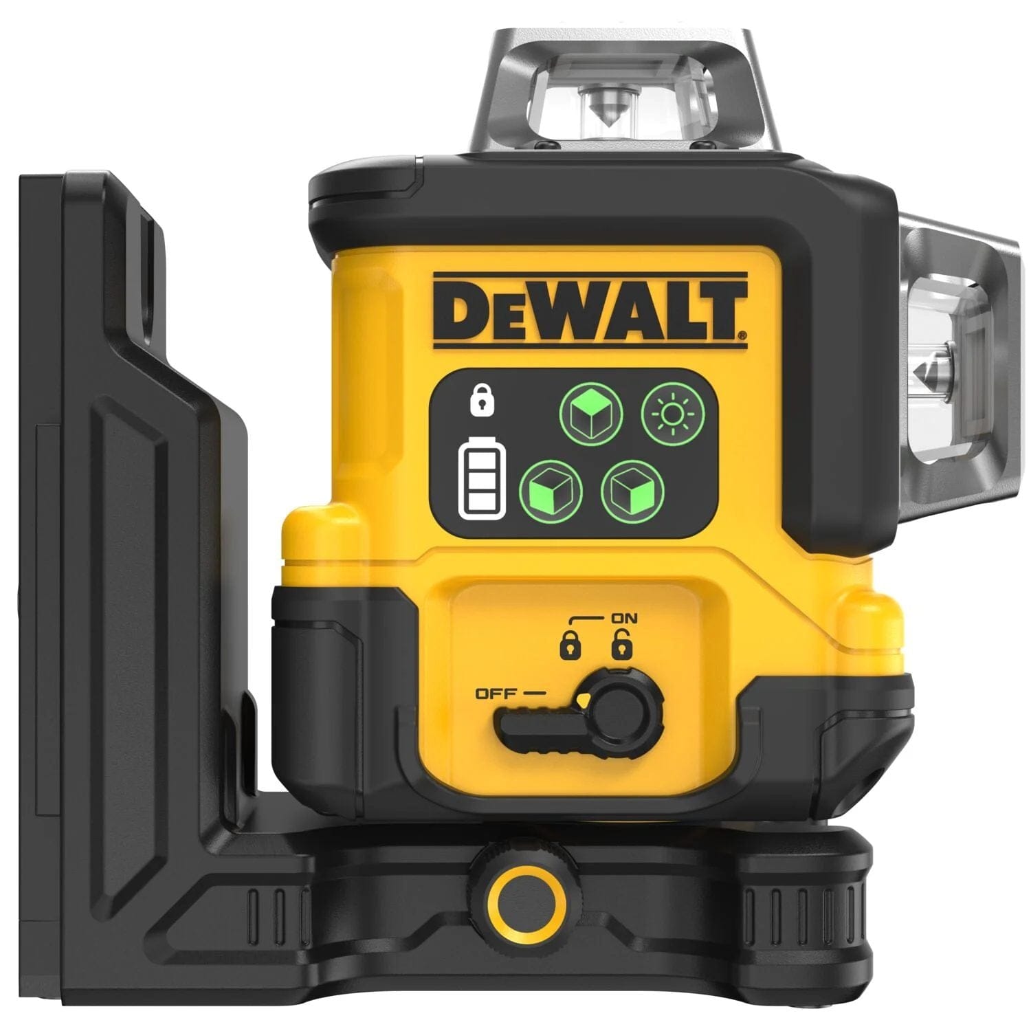 Side profile of the DEWALT DCLE14361GB 3x360 laser showing the pendulum lock/power switch and the fine adjustment knob for precise vertical line positioning during layout tasks.