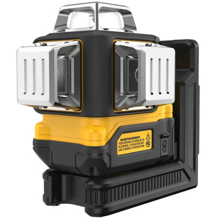 Rear perspective of the DEWALT green beam laser showcasing the dual side-mounted 360-degree laser windows and the integrated magnetic mounting bracket for attachment to steel studs.
