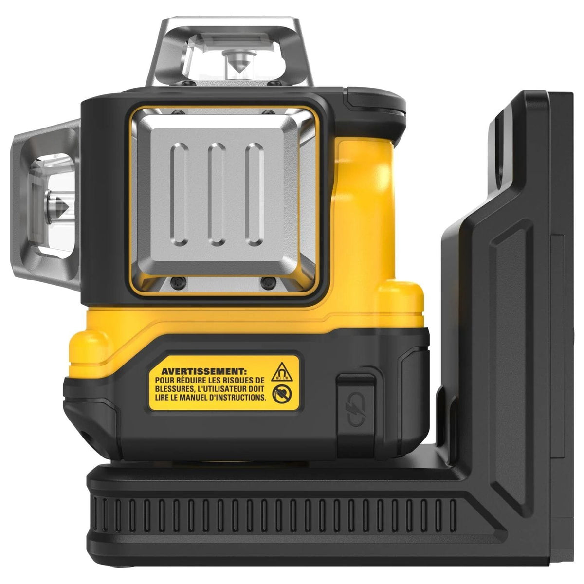 Direct side view of the DEWALT self-leveling line laser illustrating the compact design and the USB-C charging port access for rapid on-site power replenishment.