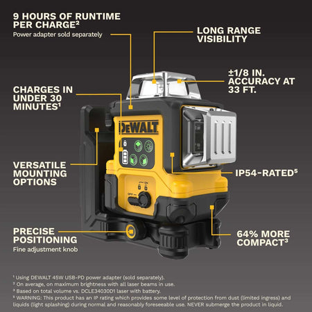 Feature infographic for the DEWALT DCLE14361GB detailing its 9-hour runtime, under 30-minute fast charge, IP54 durability rating, and 64 percent more compact design for versatile mounting.