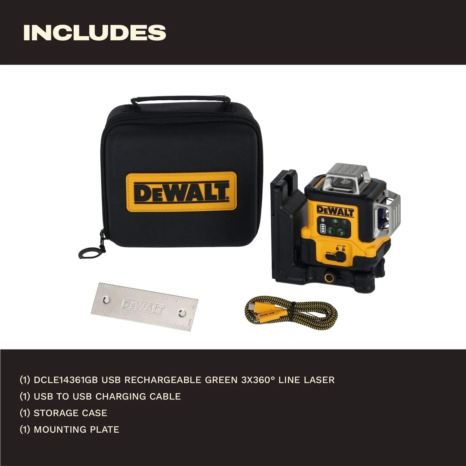 Product kit contents for the DEWALT green line laser including the DCLE14361GB unit, a braided USB-C charging cable, a target mounting plate, and a premium black and yellow padded storage case.