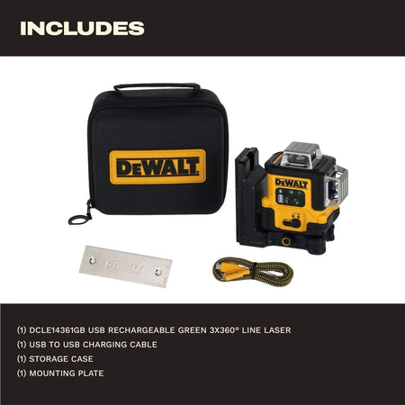 Product kit contents for the DEWALT green line laser including the DCLE14361GB unit, a braided USB-C charging cable, a target mounting plate, and a premium black and yellow padded storage case.
