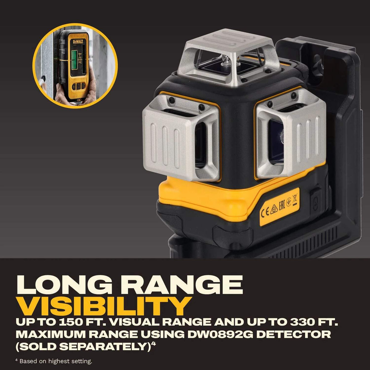 Long-range visibility graphic for the DEWALT 3x360 laser showing a 150-foot visual range and demonstrating how the beam remains visible across large distances for accurate layout work.
