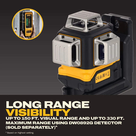 Long-range visibility graphic for the DEWALT 3x360 laser showing a 150-foot visual range and demonstrating how the beam remains visible across large distances for accurate layout work.