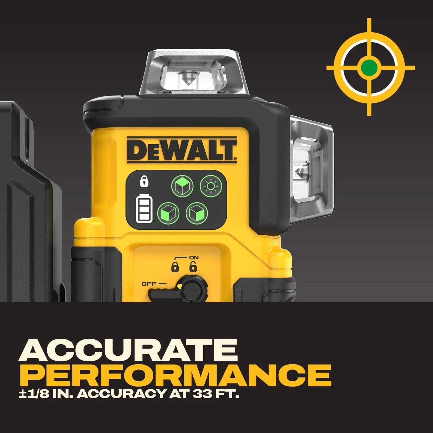 Accuracy infographic for the DEWALT DCLE14361GB green line laser highlighting its professional-grade performance of plus or minus 1/8 inch accuracy at a distance of 33 feet.