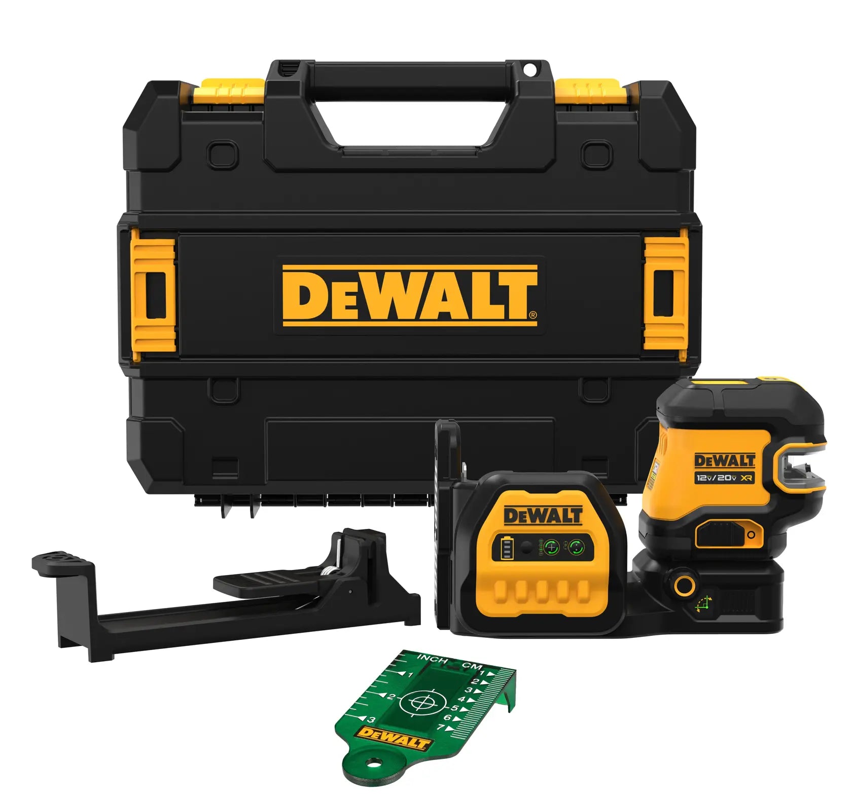 Complete DEWALT DCLE34220GB 20V MAX XR cordless 2-spot green line laser level kit featuring the self-leveling laser unit, a heavy-duty magnetic mount, drop ceiling bracket, green laser target card, and a protective TSTAK carrying case.