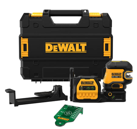 Complete DEWALT DCLE34220GB 20V MAX XR cordless 2-spot green line laser level kit featuring the self-leveling laser unit, a heavy-duty magnetic mount, drop ceiling bracket, green laser target card, and a protective TSTAK carrying case.