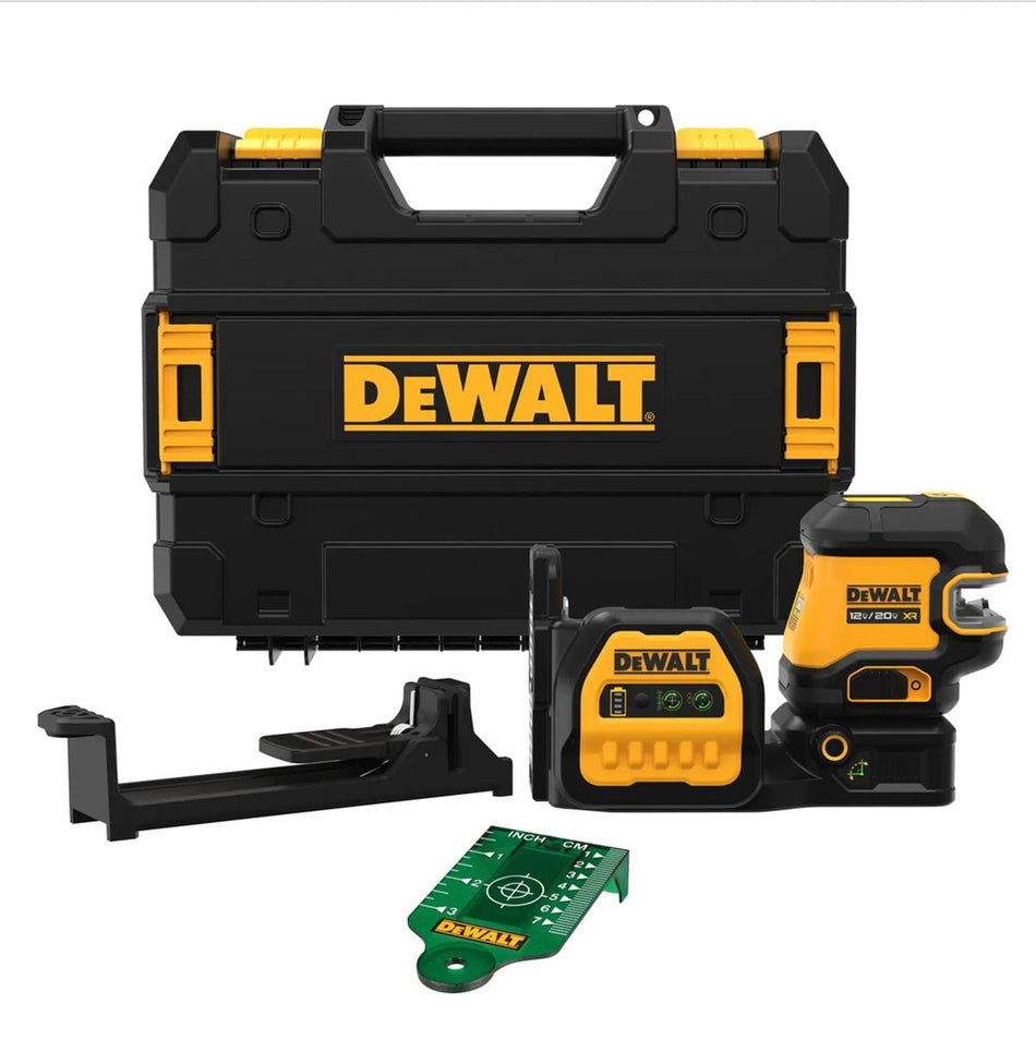 Complete DEWALT DCLE34220GB 20V MAX XR cordless 2-spot green line laser level kit featuring the self-leveling laser unit, a heavy-duty magnetic mount, drop ceiling bracket, green laser target card, and a protective TSTAK carrying case.