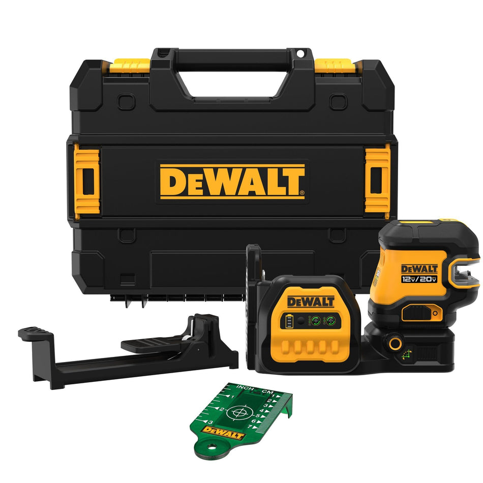 The DEWALT DCLE34520GB 20V MAX 5-spot green line laser bare tool kit shown with its included professional accessories: a durable black and yellow TSTAK® carrying case, a specialized drop ceiling bracket, and a high-visibility green laser target card for precise jobsite layout.