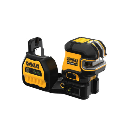 A detailed product view of the DEWALT 5-spot green line laser highlighting its professional usability features, including a flexible rotating head, a fine adjustment knob for enhanced correctness, and a control panel for individual laser line and spot on/off management.