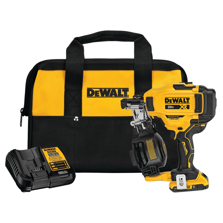 The DEWALT DCN45RND1 20V MAX Cordless Coil Roofing Nailer Kit, including the brushless roofing nailer with shingle guide, a 2.0 Ah lithium-ion battery, charger, and a heavy-duty yellow and black contractor tool bag.