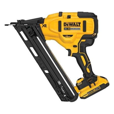 A full side profile studio shot of the DeWalt DCN650D1 20V MAX XR 15-gauge angled finish nailer with a battery.