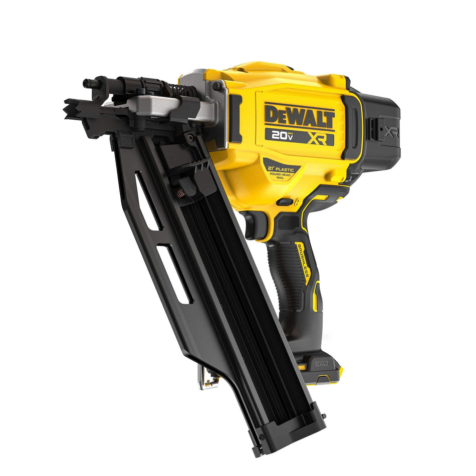 A front three-quarter studio view of the DEWALT DCN920B 20V MAX brushless cordless 21-degree framing nailer bare tool on a white background, showing its yellow and black motor housing, aggressive teeth on the nose piece, and an empty black magazine channel.
