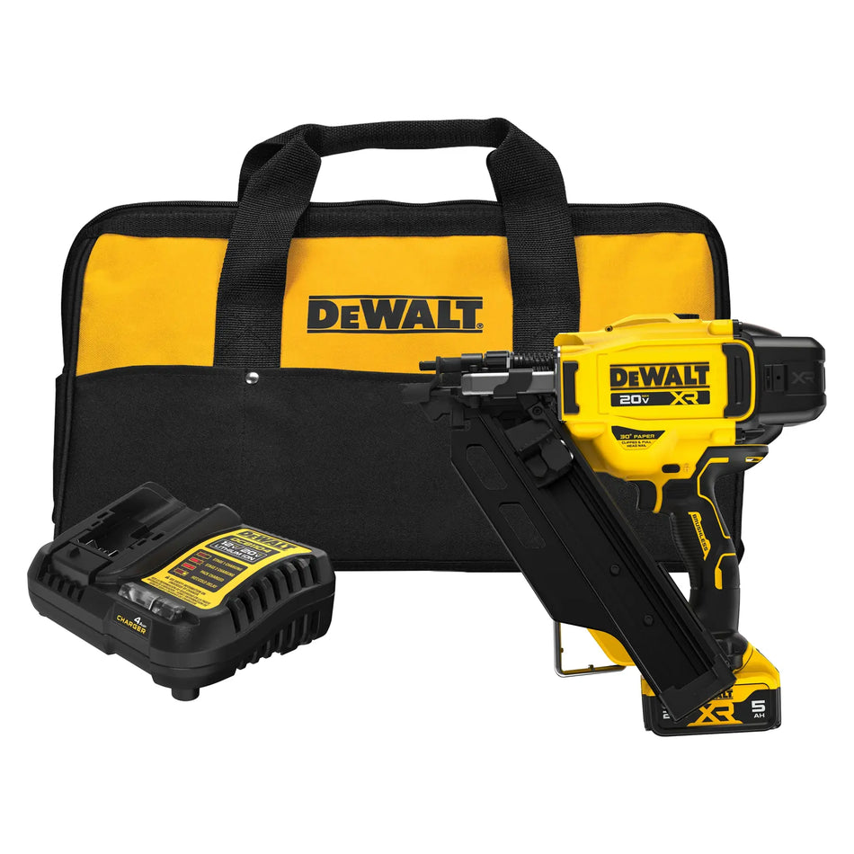 Full view of the DEWALT DCN930P1 20V MAX brushless cordless 30-degree paper tape framing nailer kit including a 5.0Ah battery, fast charger, and heavy-duty soft carrying bag for professional construction.
