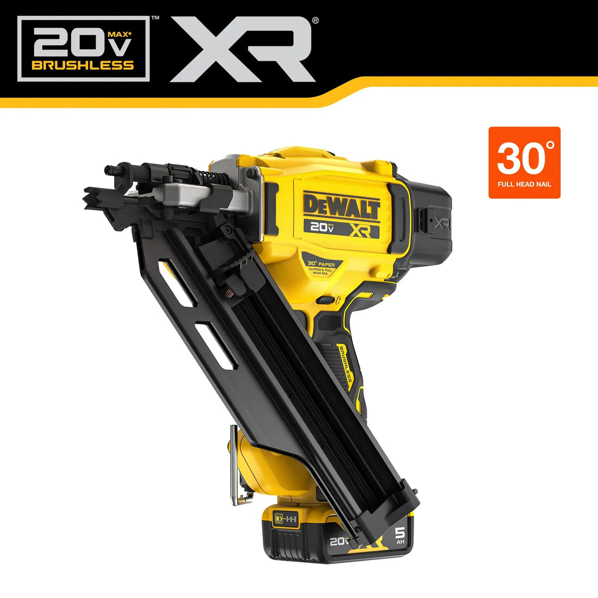 Angled side view of the high-performance cordless power nail gun, highlighting the 30-degree collation angle and the durable black and yellow housing built for professional jobsite use.