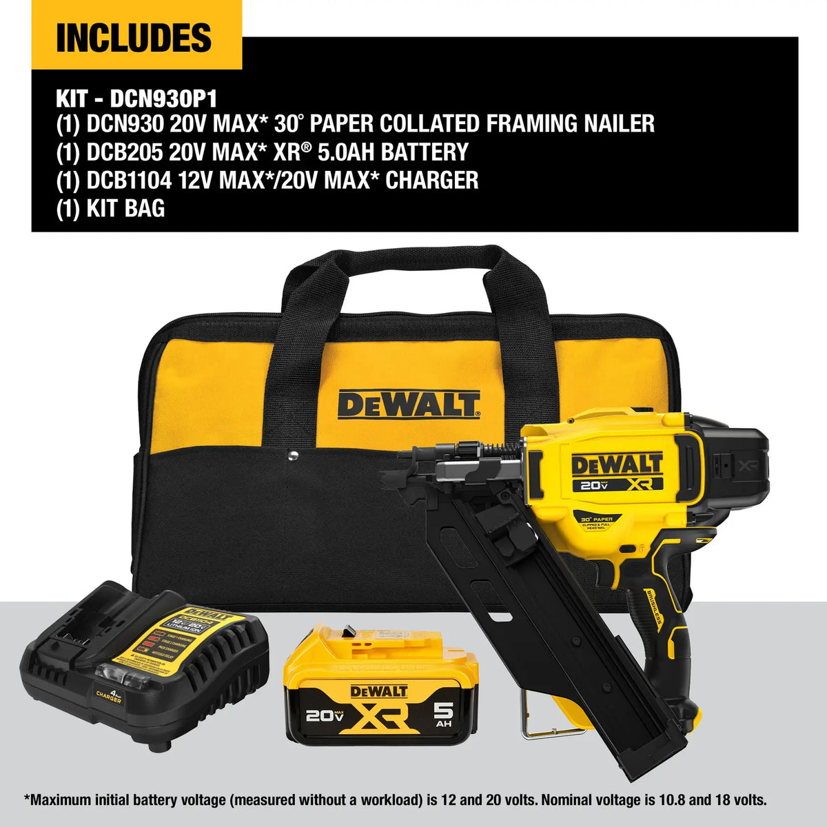Informational graphic for the DEWALT DCN930P1 kit listing all included components: the 30-degree framing nailer, DCB205 5.0Ah battery, DCB1104 charger, and high-capacity storage bag.