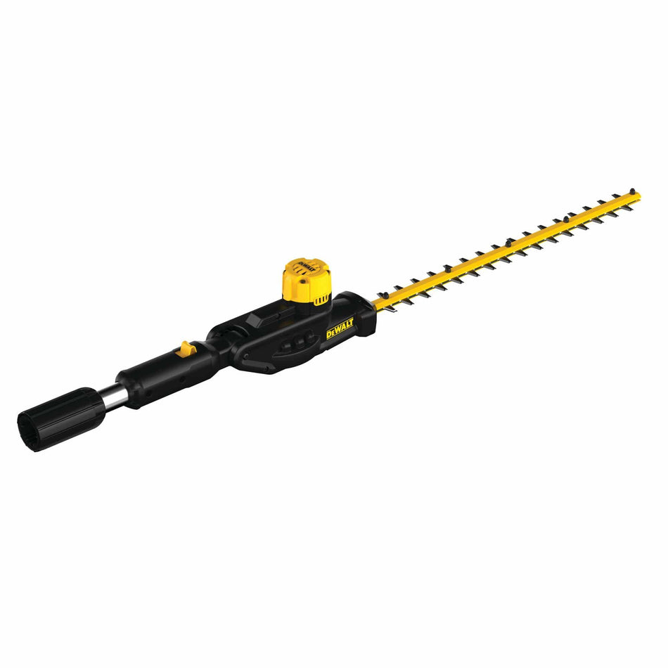 Side view of the DEWALT DCPH820BH 22-Inch Pole Hedge Trimmer Head Attachment, showcasing the long-reach design and articulating head for landscape maintenance.