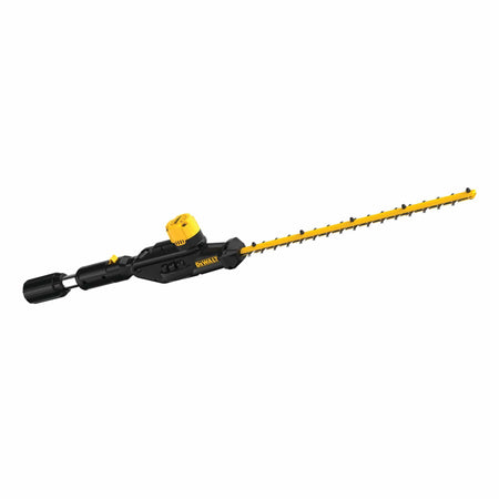 Perspective view of the DEWALT Pole Hedge Trimmer Head, illustrating the 22-inch hardened steel blades and the attachment interface for the 20V MAX pole system.