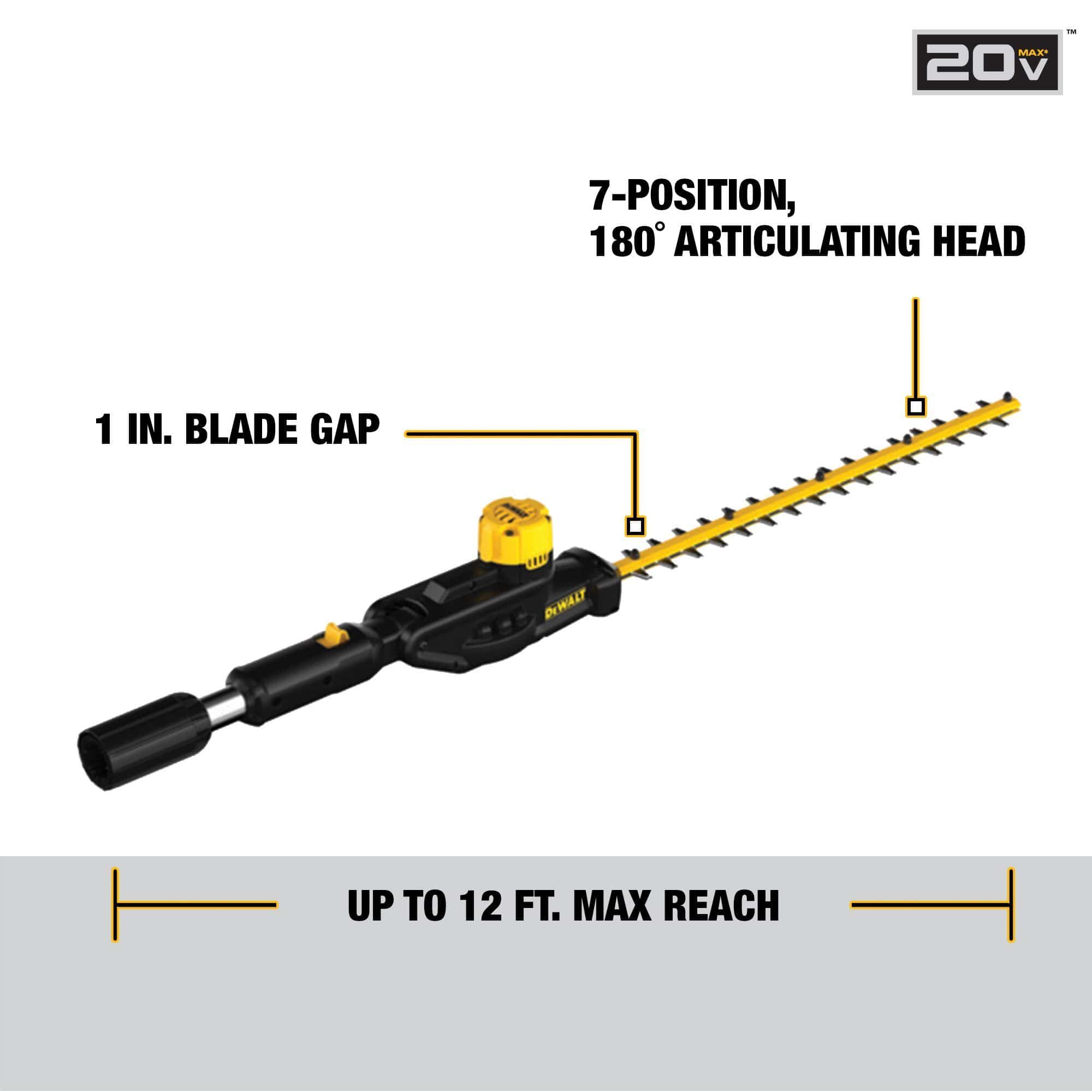 Infographic of the DEWALT Pole Hedge Trimmer Attachment highlighting the 1-inch blade gap, 7-position articulating head, and up to 12-foot max reach.