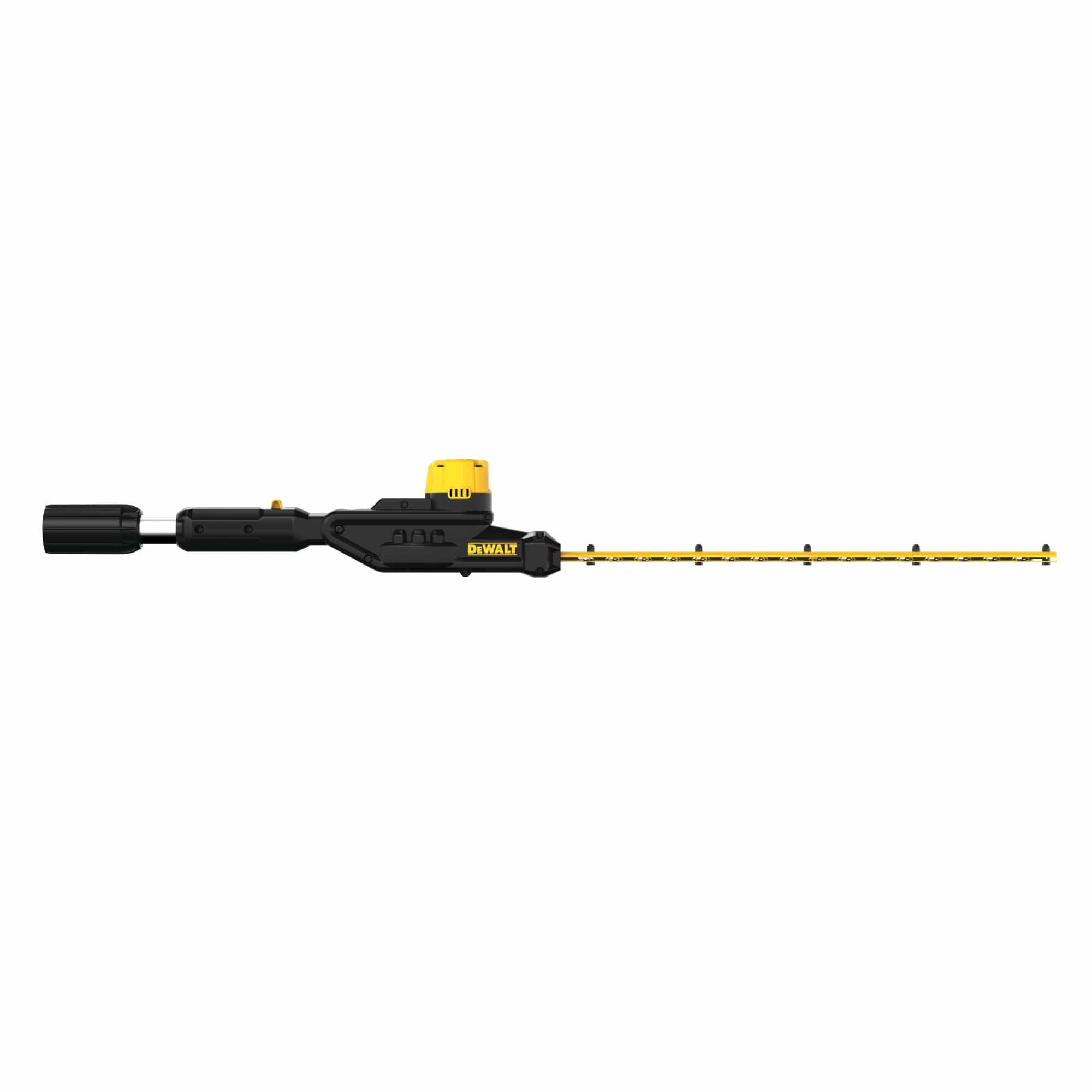 Side profile of the DEWALT 22-Inch Pole Hedge Trimmer Head, showing the straight alignment of the dual-action laser-cut blades for clean landscaping cuts.