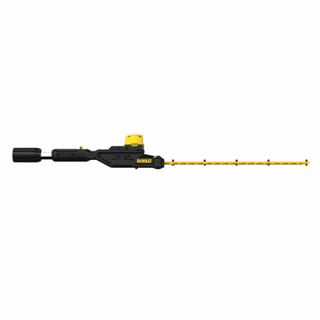 Side profile of the DEWALT 22-Inch Pole Hedge Trimmer Head, showing the straight alignment of the dual-action laser-cut blades for clean landscaping cuts.
