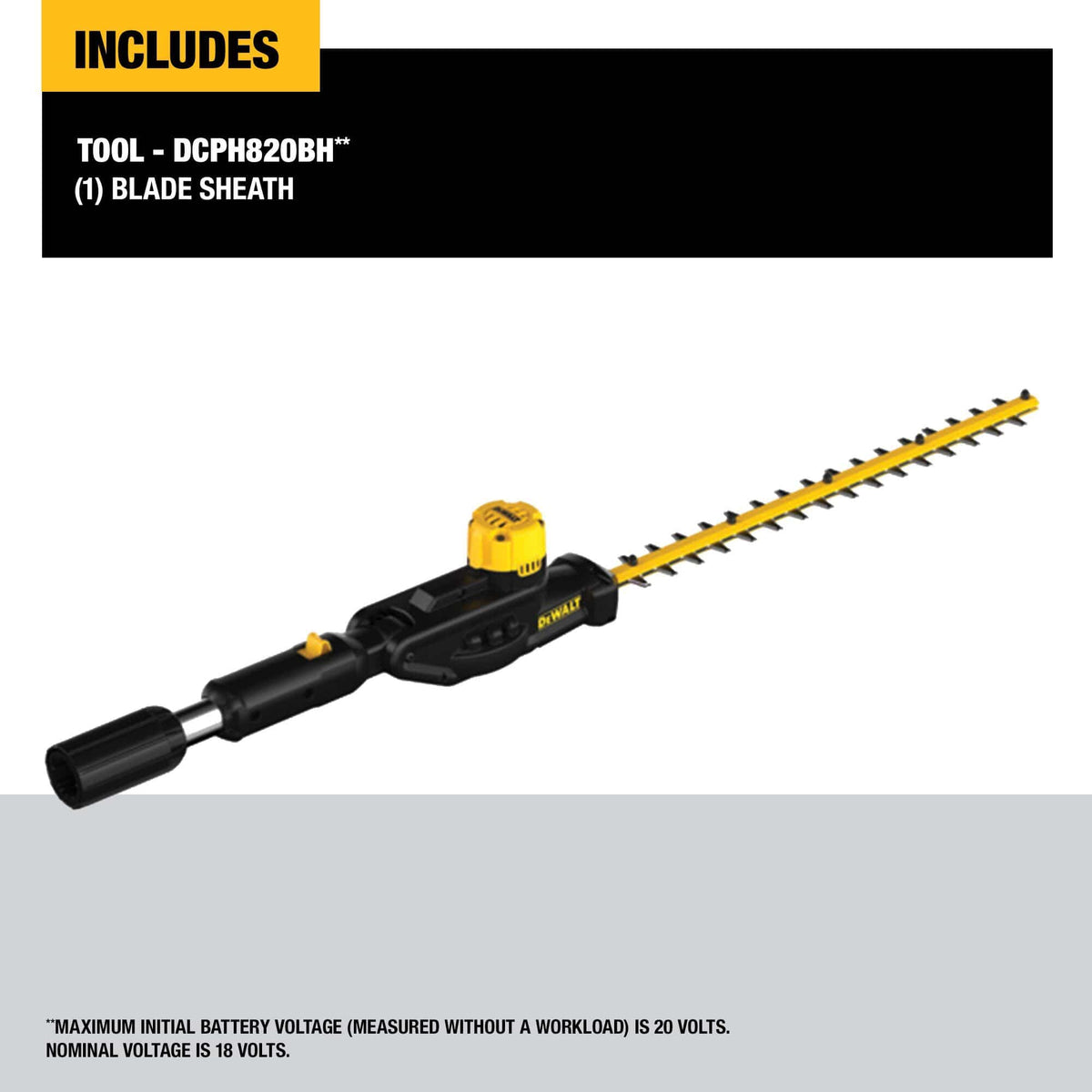 Content list image for the DEWALT DCPH820BH, specifying the inclusion of the Pole Hedge Trimmer Head and a protective blade sheath.