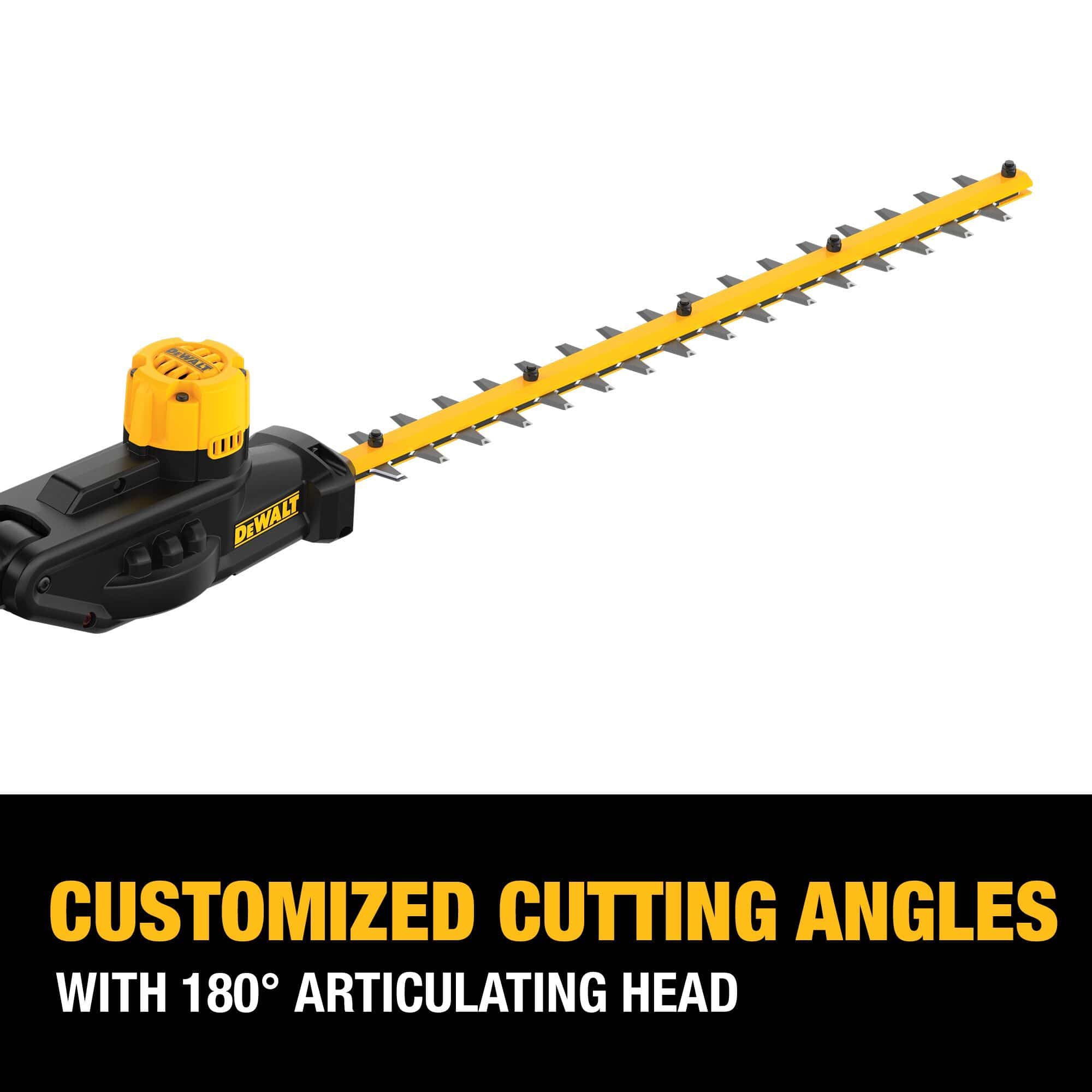 Close-up of the DEWALT articulating trimmer head, emphasizing the customized cutting angles made possible by the 180-degree 7-position pivoting mechanism.