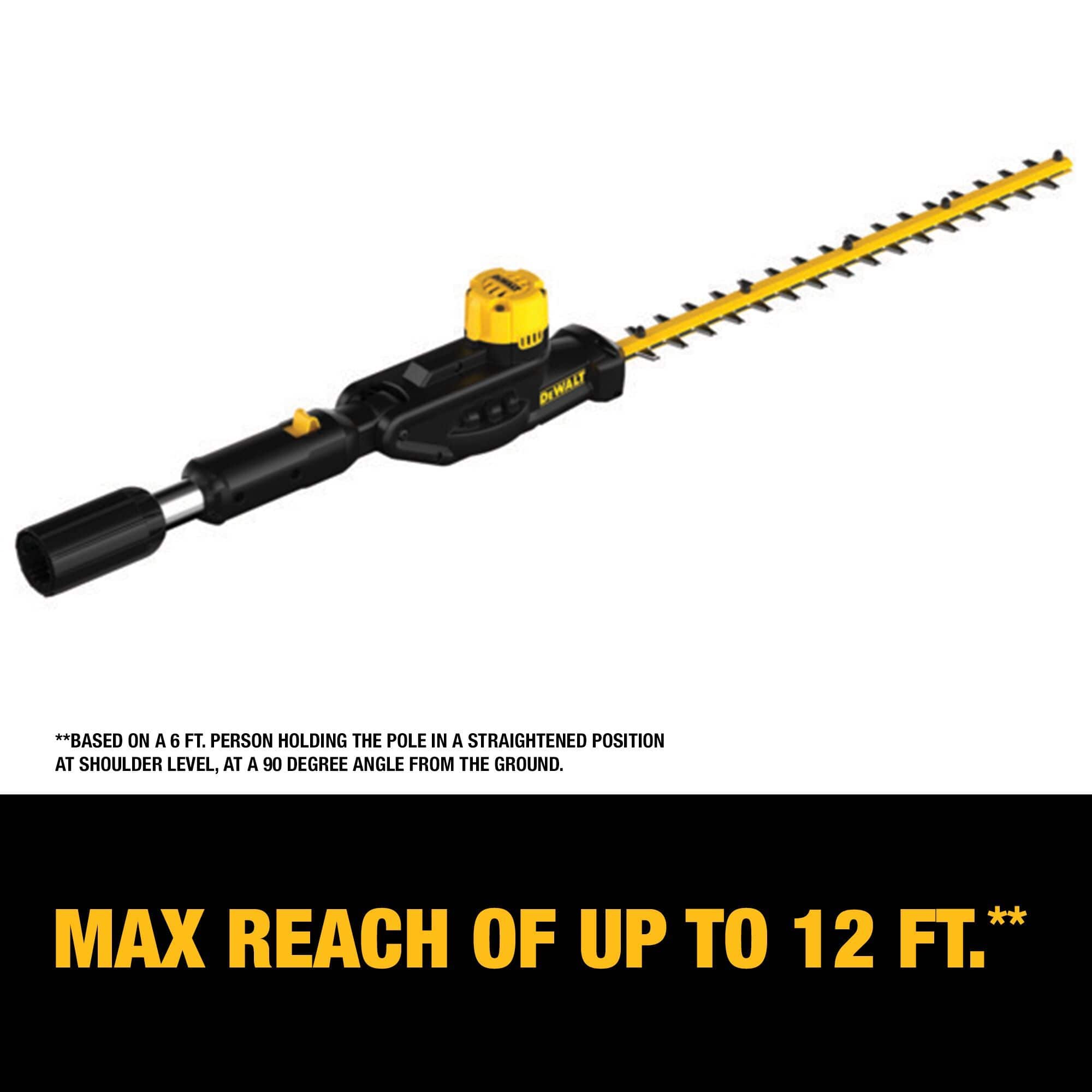 DEWALT Pole Hedge Trimmer Head attachment shown with text explaining the 12-foot max reach capability based on a 6-foot person holding the pole at shoulder level.