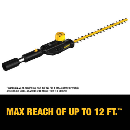 DEWALT Pole Hedge Trimmer Head attachment shown with text explaining the 12-foot max reach capability based on a 6-foot person holding the pole at shoulder level.