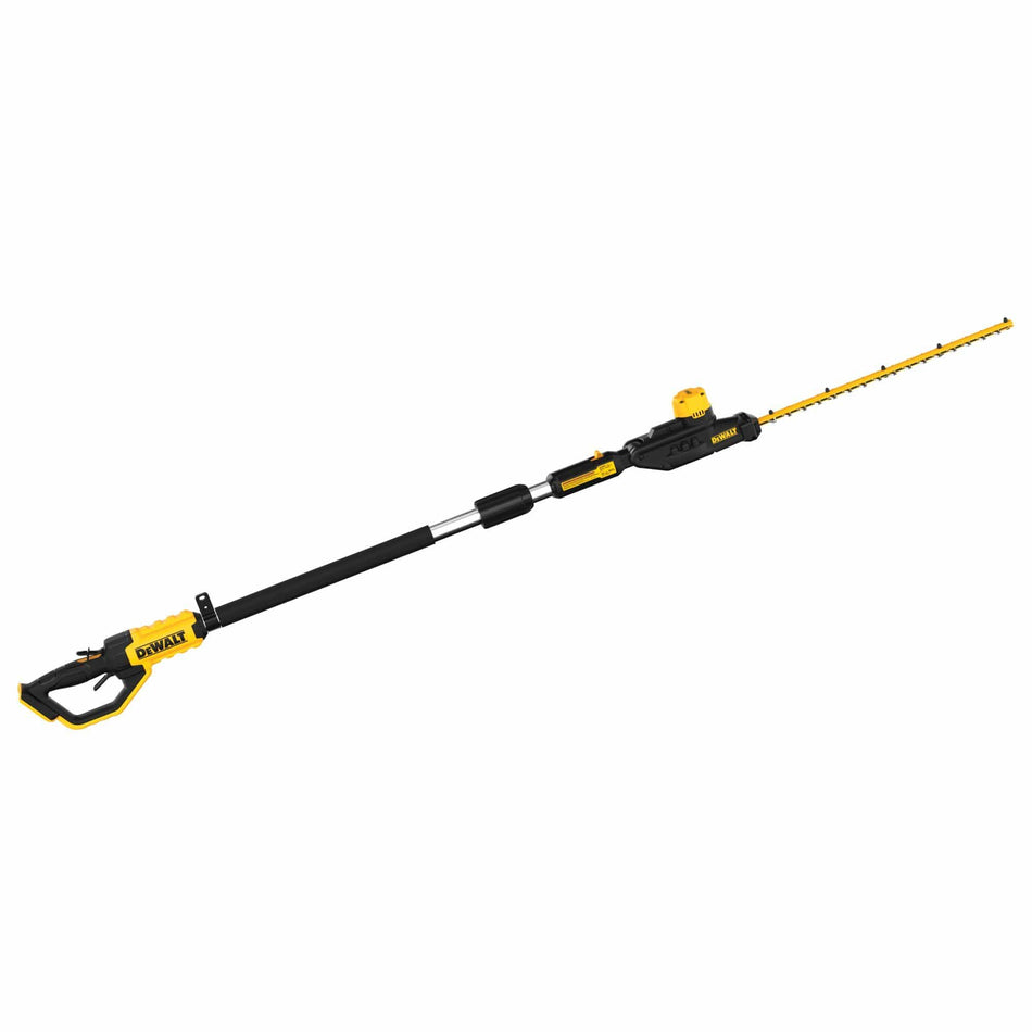 Three-quarter studio view of the DEWALT 20V MAX cordless pole hedge trimmer featuring a long-reach shaft, 22-inch dual-action laser-cut blades, and an ergonomic handle with a safety trigger.