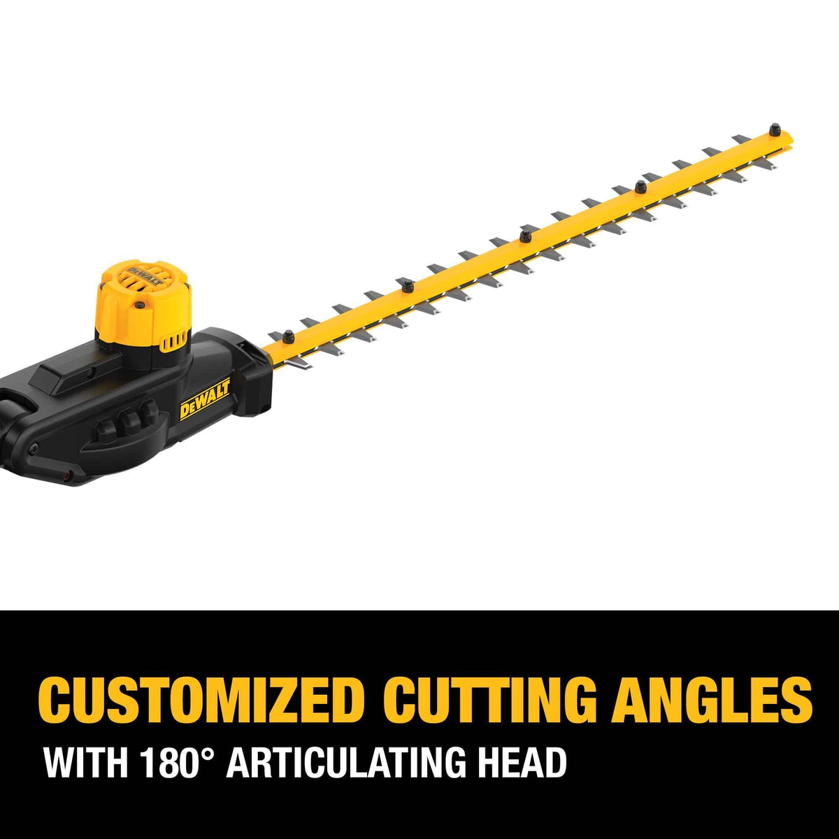 Detailed marketing graphic of the DEWALT pole hedge trimmer head showcasing the 180-degree articulating head that allows for customized cutting angles on various hedge shapes and sizes.