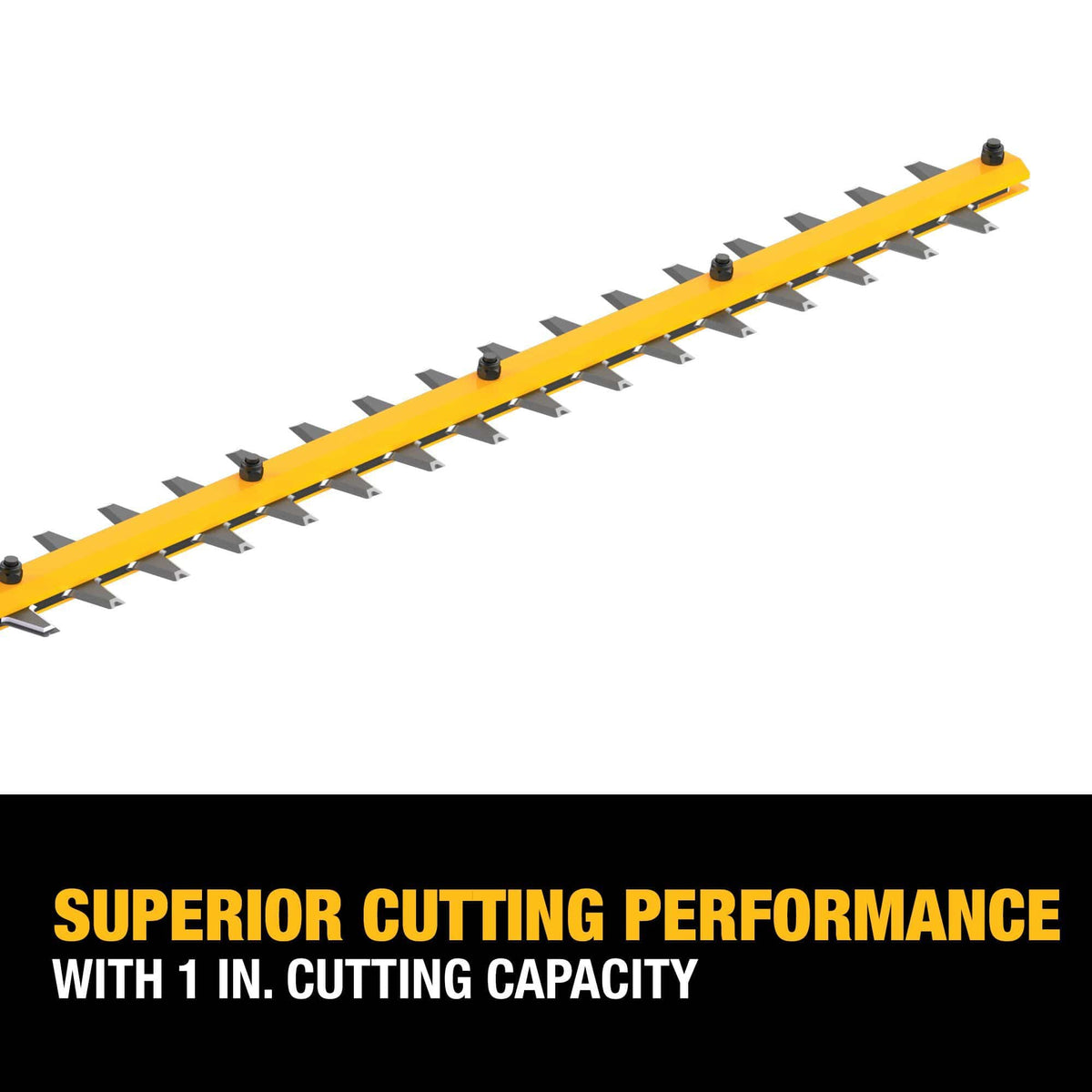 Close-up graphic of the DEWALT 22-inch hardened steel laser-cut blades, highlighting the superior 1-inch cutting capacity for tackling thick branches and dense landscape overgrowth.