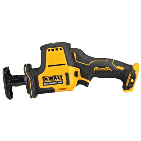 Full side profile of the DEWALT XTREME 12V MAX brushless one-handed reciprocating saw highlighting the subcompact design and ergonomic grip for confined spaces.
