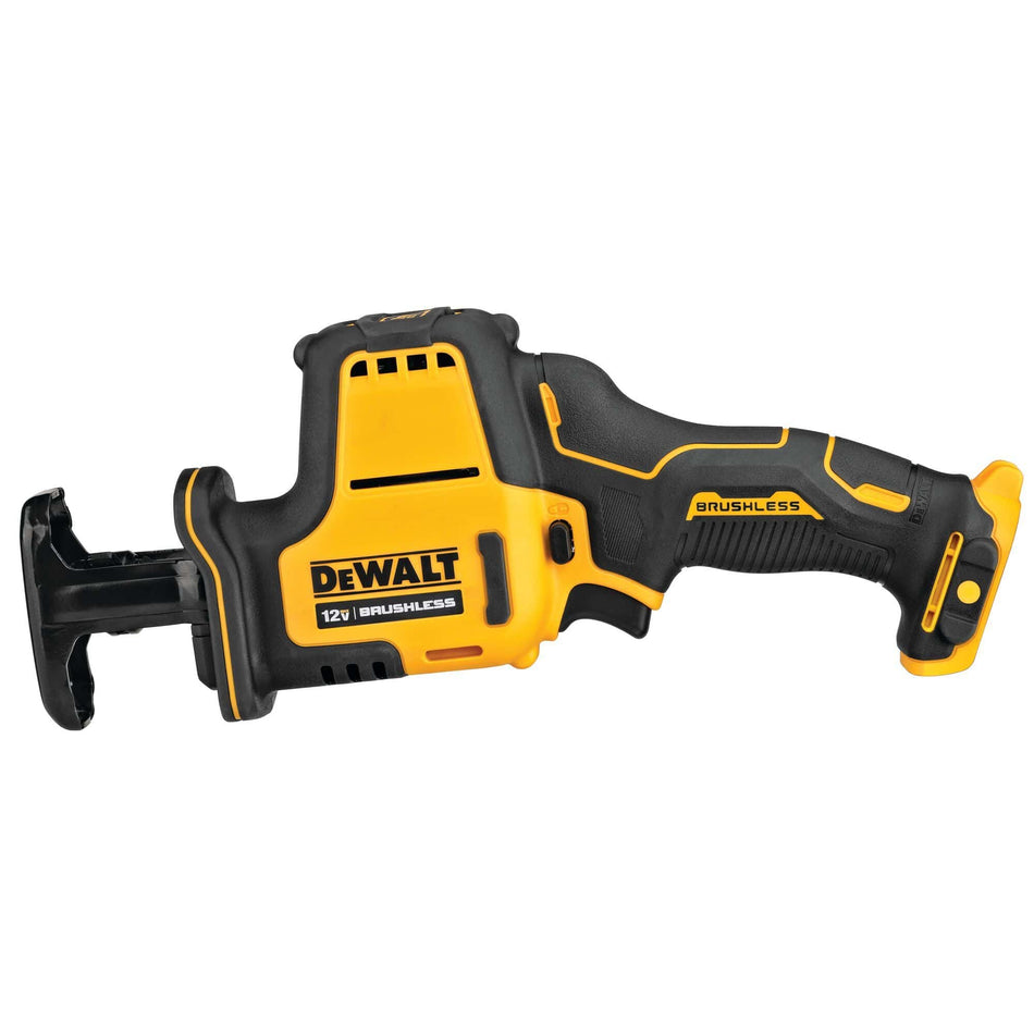 Full side profile of the DEWALT XTREME 12V MAX brushless one-handed reciprocating saw highlighting the subcompact design and ergonomic grip for confined spaces.