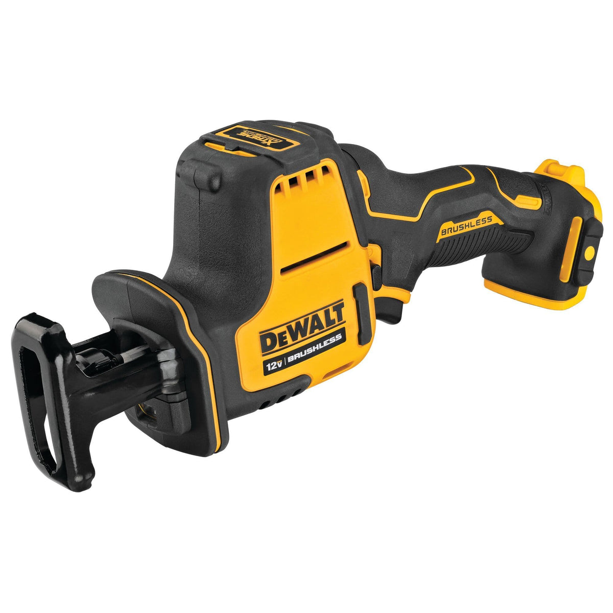 Angled studio shot of the DEWALT 12V MAX subcompact power hack saw showcasing the high-visibility yellow housing and industrial brushless motor.
