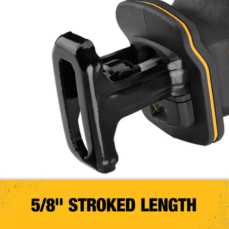 Detailed view of the DEWALT 12V MAX reciprocating saw shoe and blade clamp, identifying the 5/8 inch stroke length for fast and efficient cutting.