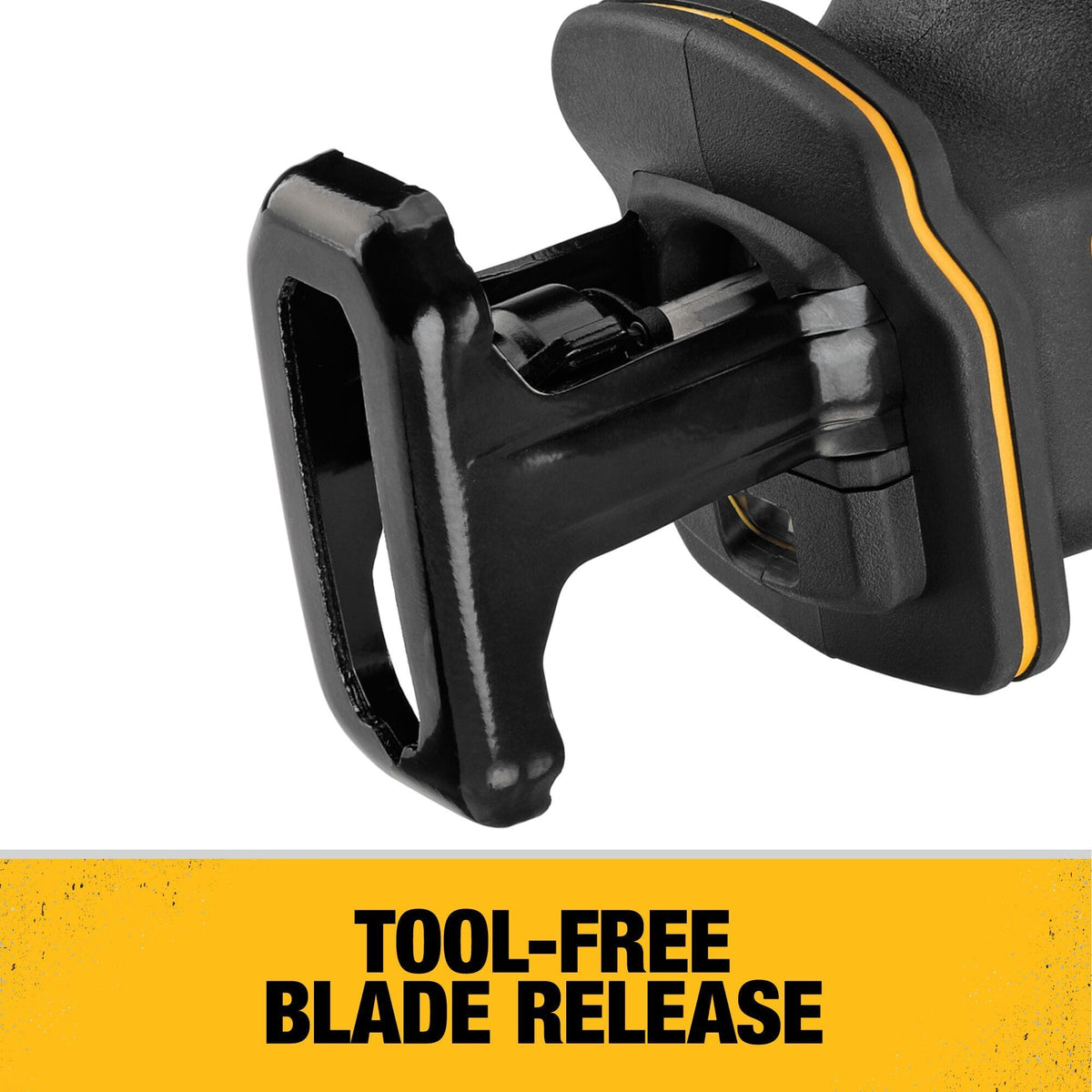 Close-up detail of the DEWALT DCS312 reciprocating saw showcasing the tool-free blade release mechanism for rapid saw blade changes.