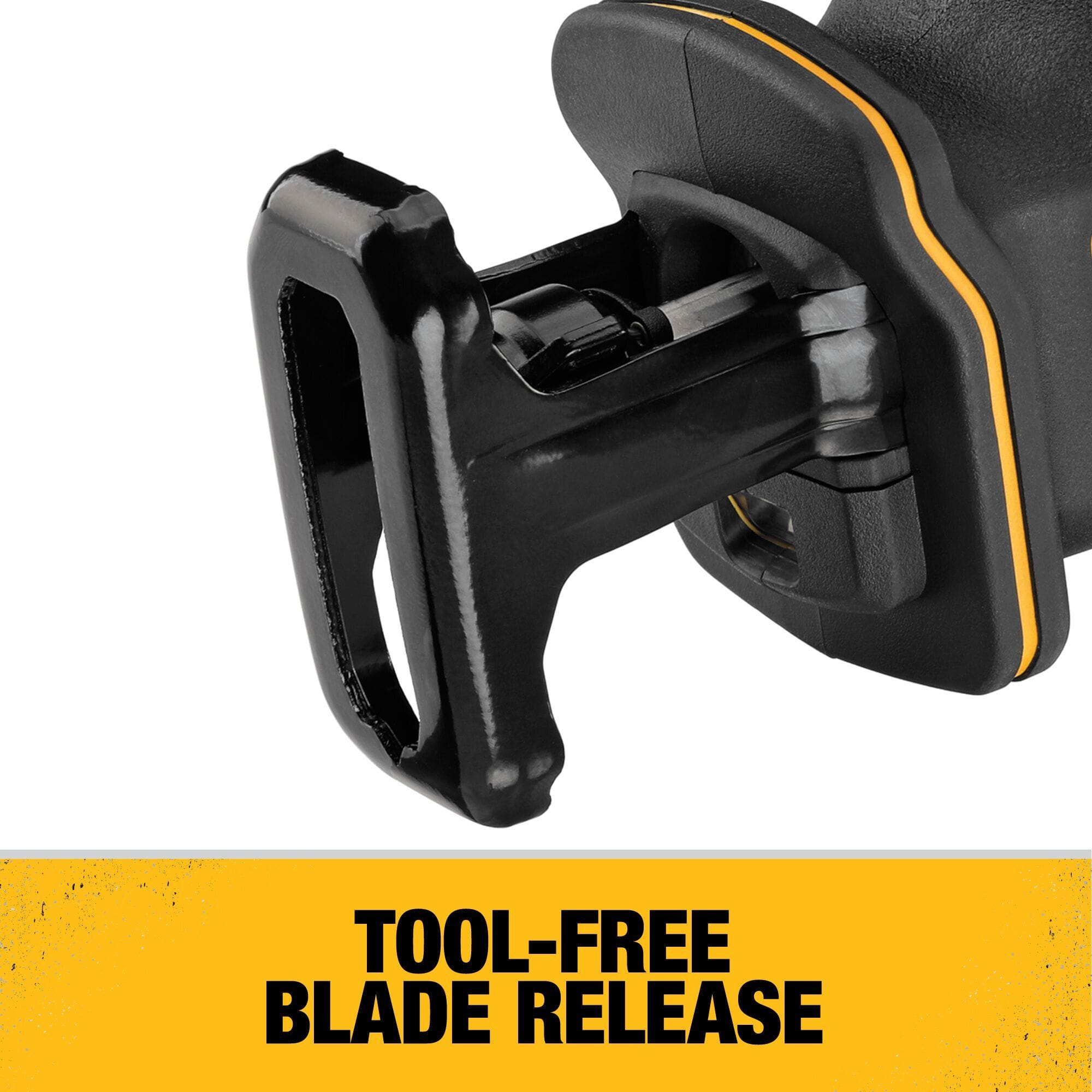 Close-up detail of the DEWALT DCS312 reciprocating saw showcasing the tool-free blade release mechanism for rapid saw blade changes.