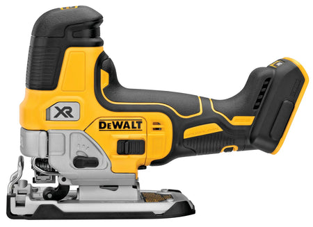 Side profile of the DEWALT DCS335B 20V MAX XR brushless cordless barrel grip jig saw bare tool, showcasing the ergonomic low-profile design for precise woodworking control.