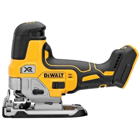 Side profile of the DEWALT DCS335B 20V MAX XR brushless cordless barrel grip jig saw bare tool, showcasing the ergonomic low-profile design for precise woodworking control.