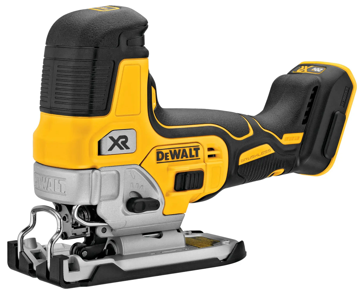 Top view of the DEWALT 20V MAX XR cordless barrel grip jig saw, highlighting the easy-access power switch and streamlined body design optimized for curved and scrolling cuts.