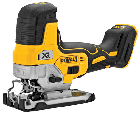 Top view of the DEWALT 20V MAX XR cordless barrel grip jig saw, highlighting the easy-access power switch and streamlined body design optimized for curved and scrolling cuts.