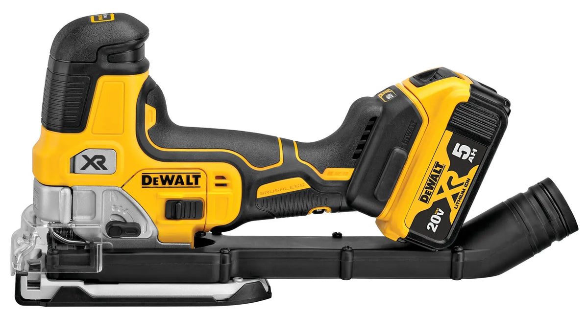 Angled rear view of the DEWALT brushless barrel grip jig saw, displaying the battery mounting port and durable yellow overmolded housing built for professional jobsite use.