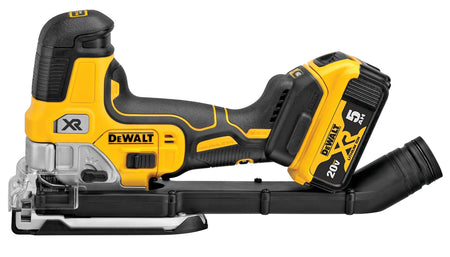 Angled rear view of the DEWALT brushless barrel grip jig saw, displaying the battery mounting port and durable yellow overmolded housing built for professional jobsite use.