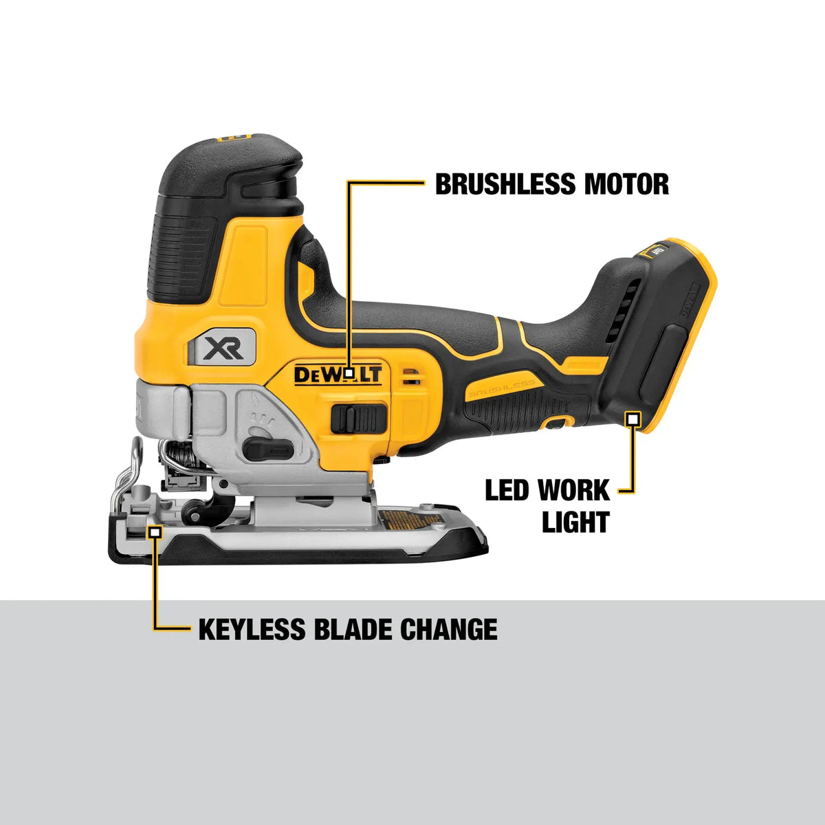 Detailed infographic of the DEWALT DCS335B jig saw pointing out key features: the variable speed dial, 4-position orbital action, bright LED work light, and lever-action keyless blade clamp.