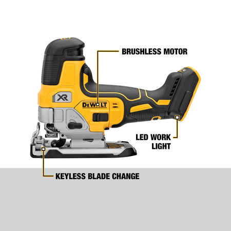 Detailed infographic of the DEWALT DCS335B jig saw pointing out key features: the variable speed dial, 4-position orbital action, bright LED work light, and lever-action keyless blade clamp.