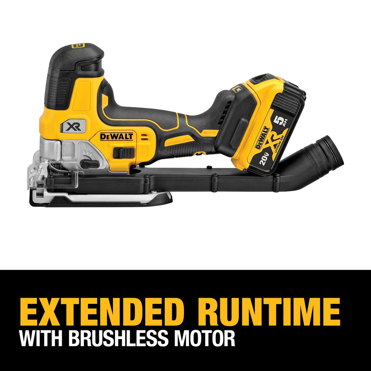 Close-up of the variable speed dial on the DEWALT 20V MAX XR cordless jig saw, allowing the user to precisely control the stroke speed up to 3,200 SPM for various materials.