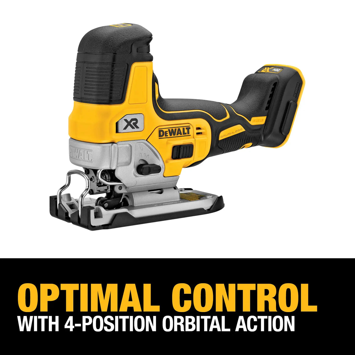 Action shot demonstrating the quick-change capability of the DEWALT barrel grip jig saw, featuring an all-metal lever-action keyless blade clamp for fast T-shank blade swaps.